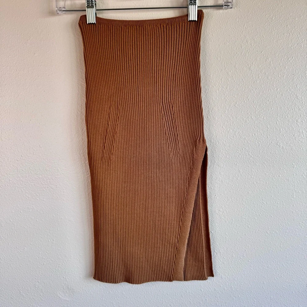 NWT Topshop Tan Ribbed Midi Pencil Skirt with Side Slit Sz4/6 Career Comfy